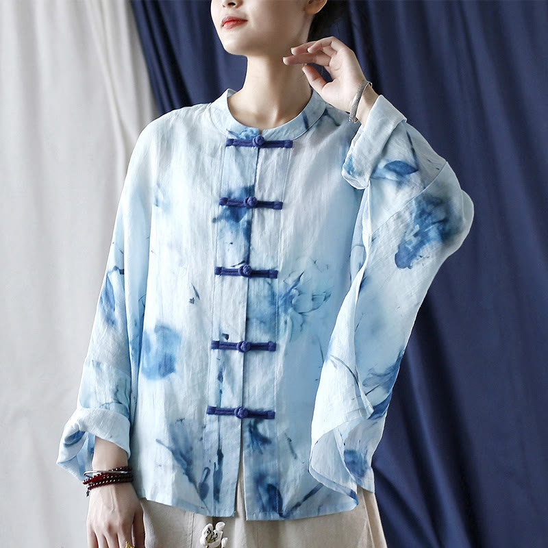 Nimara Ritual Tie Dye Blue Flowers Frog-Button Design Long Sleeve Ramie Linen Jacket Shirt