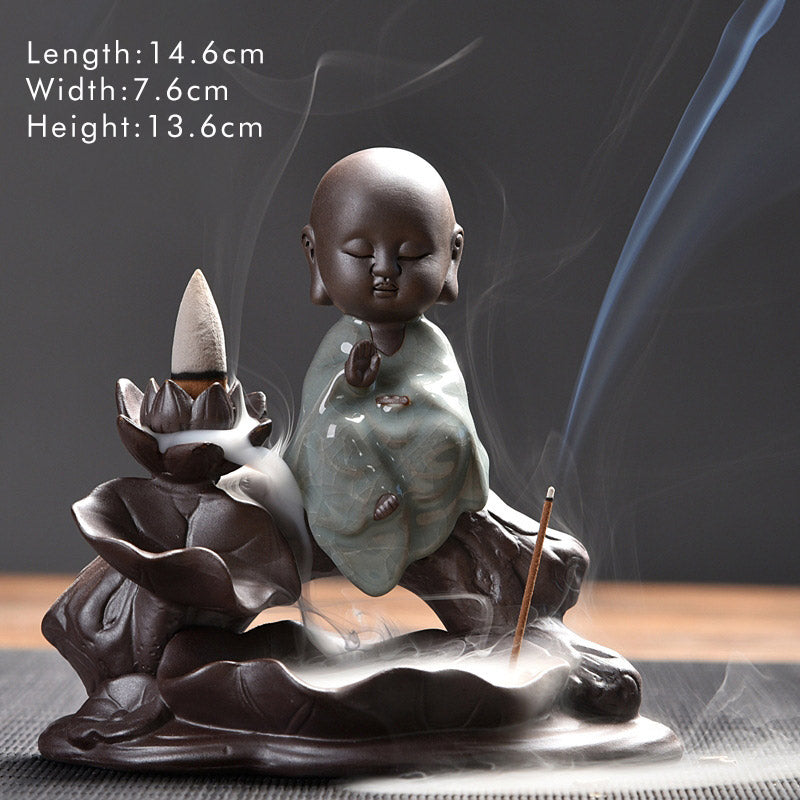 Nimara Ritual Little Monk Ceramic Lotus Blessing Incense Burner Decoration