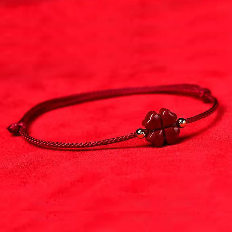 Nimara Ritual Natural Cinnabar Four Leaf Clover Blessing Red String Bracelet Anklet