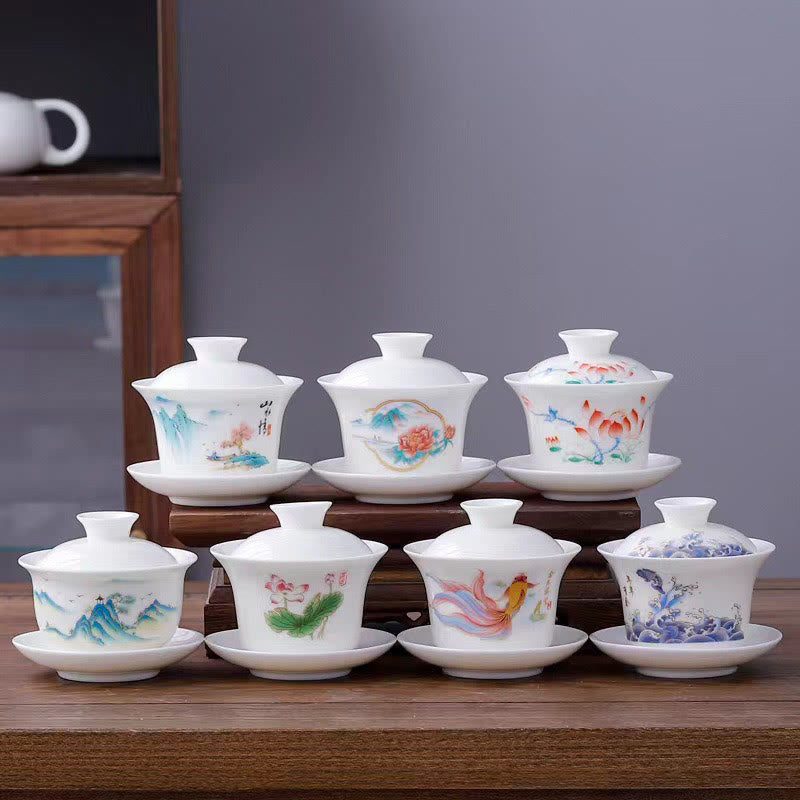 Nimara Ritual White Porcelain Mountain Landscape Countryside Ceramic Gaiwan Teacup Kung Fu Tea Cup And Saucer With Lid