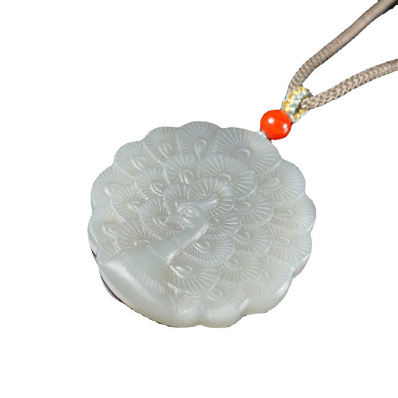 Nimara Ritual White Jade Peacock Protection Blessing Necklace Pendant