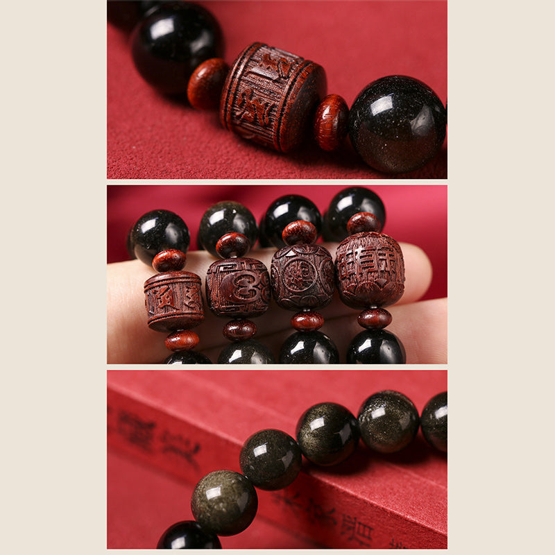 Nimara Ritual Natural Gold Sheen Obsidian Rainbow Obsidian Om Mani Padme Hum Fu Character Healing Bracelet