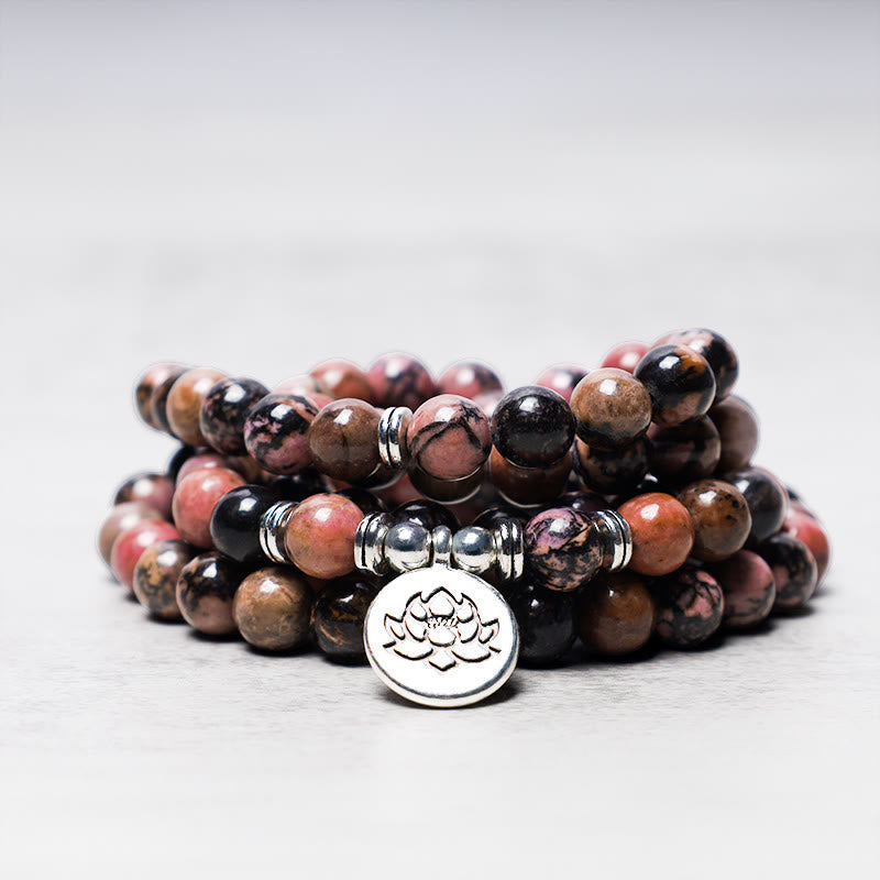 Nimara Ritual 108 Mala Beads Rhodonite Lotus Compassion Energy Bracelet