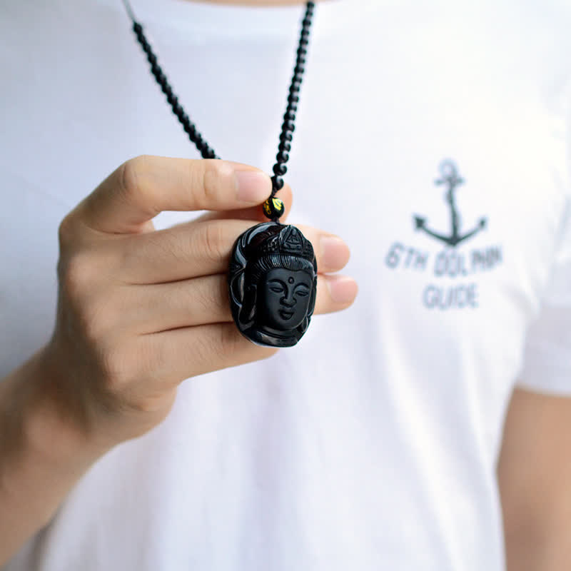 Nimara Ritual Natural Black Obsidian Kwan Yin Avalokitesvara Strength String Necklace Pendant