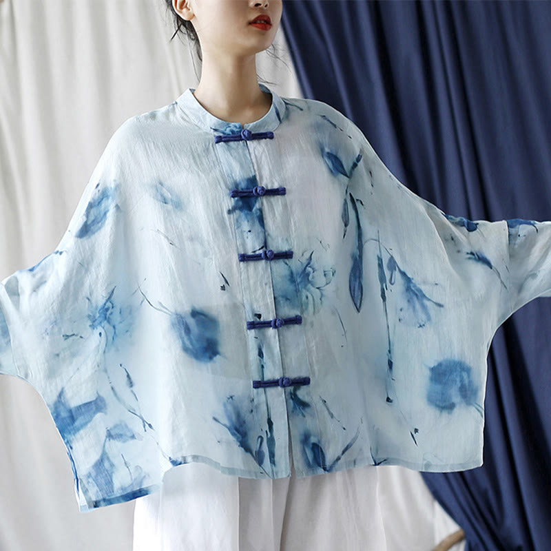 Nimara Ritual Tie Dye Blue Flowers Frog-Button Design Long Sleeve Ramie Linen Jacket Shirt