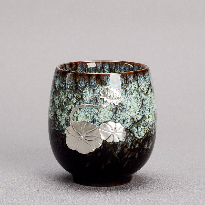 Nimara Ritual Silver Lotus Flower Leaf Chinese Jianzhan Ceramic Teacup Kung Fu Tea Cup 150ml