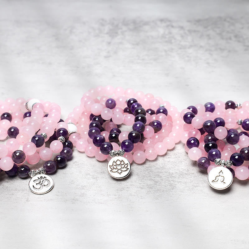 Nimara Ritual Natural Rose Quartz & Amethyst Mala Bead Lotus Pendant Bracelet
