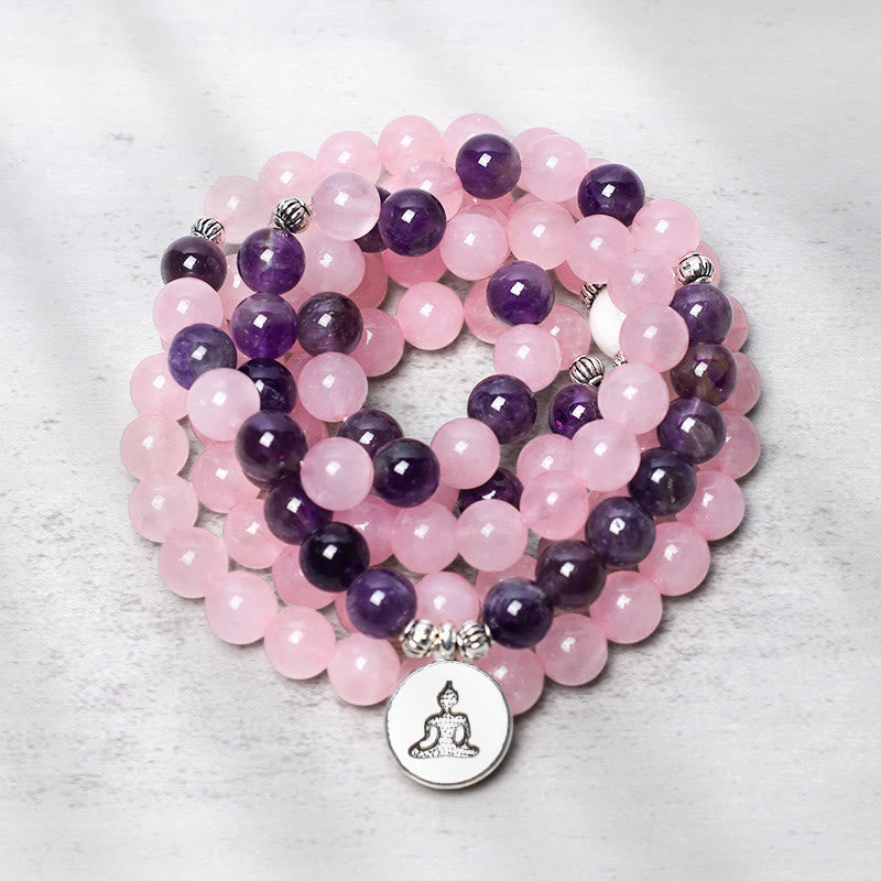 Nimara Ritual Natural Rose Quartz & Amethyst Mala Bead Lotus Pendant Bracelet