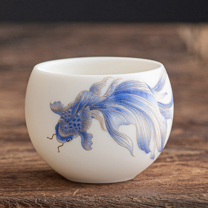 Nimara Ritual Koi Fish White Porcelain Ceramic Teacup Kung Fu Tea Cup
