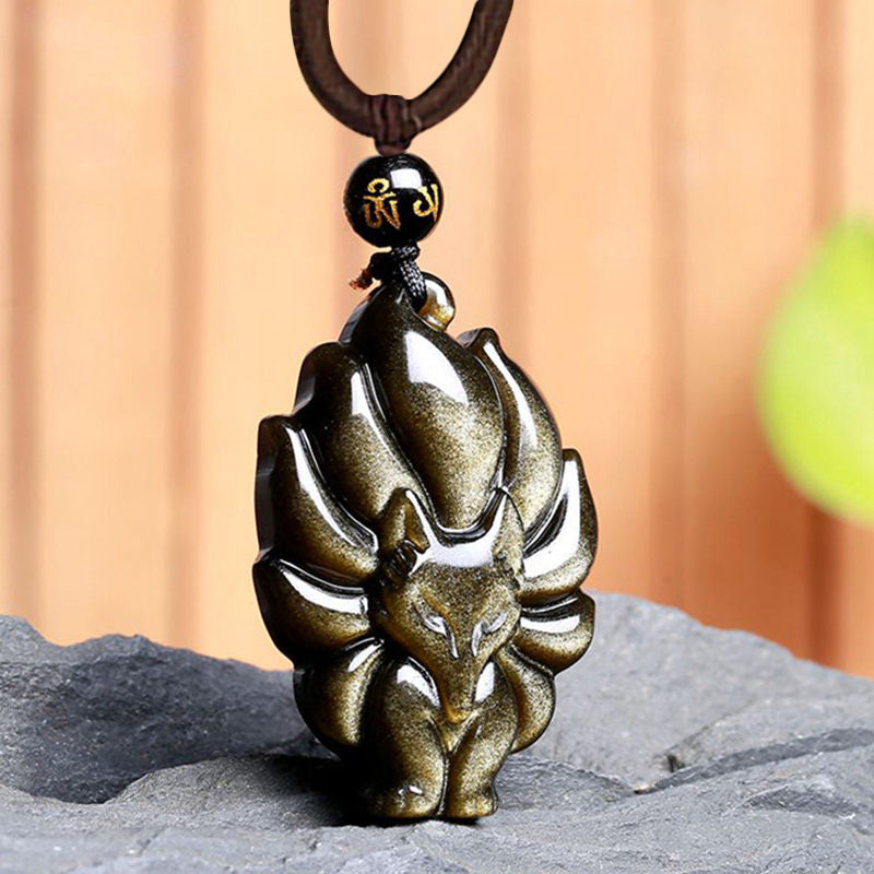 Nimara Ritual Natural Rainbow Obsidian Gold Sheen Obsidian Nine Tailed Fox Positive Necklace Pendant