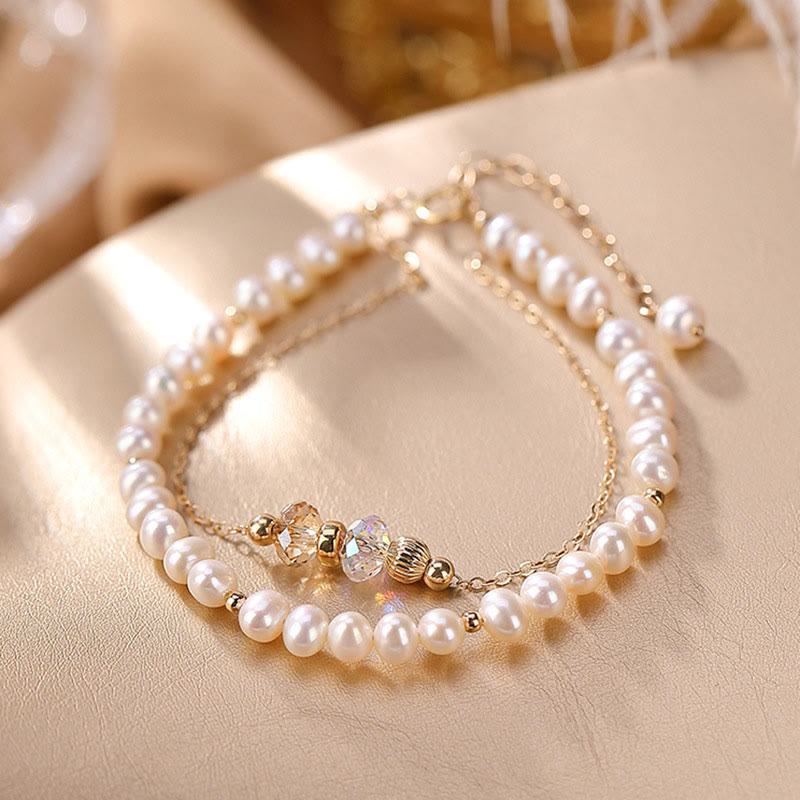 Nimara Ritual 925 Sterling Silver Plated 14k Gold Natural Pearl Crystal Healing Double Layer Bracelet