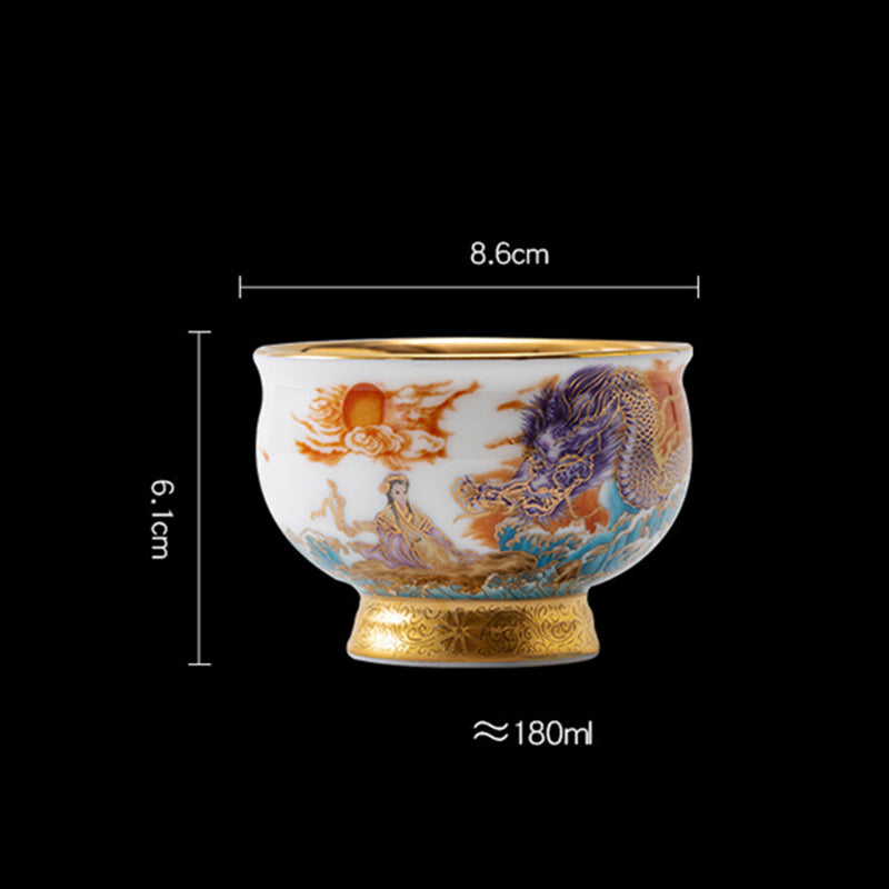 Nimara Ritual Golden Eagle Auspicious Dragon Sun Ocean Waves Gilt Ceramic Teacup Kung Fu Tea Cup