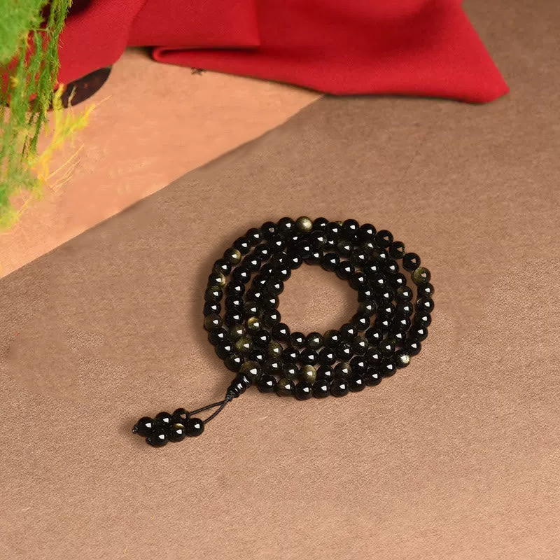 Nimara Ritual 108 Mala Beads Natural Gold Sheen Obsidian Wealth Bracelet