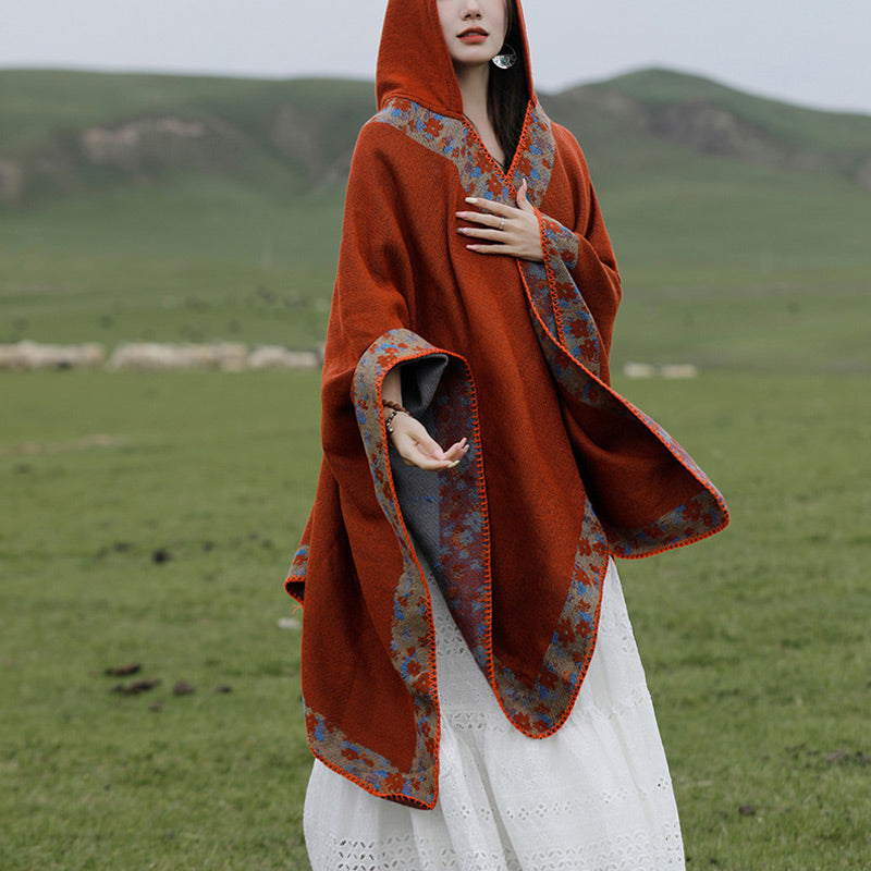 Nimara Ritual Tibetan Shawl Border Small Floral Flower Hooded Cloak Winter Cozy Travel Scarf Wrap