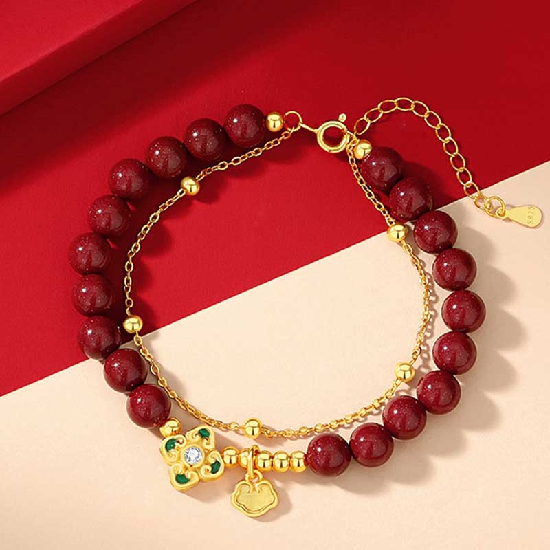 Nimara Ritual 925 Sterling Silver Natural Cinnabar Four Leaf Clover Flower Blessing Chain Bracelet