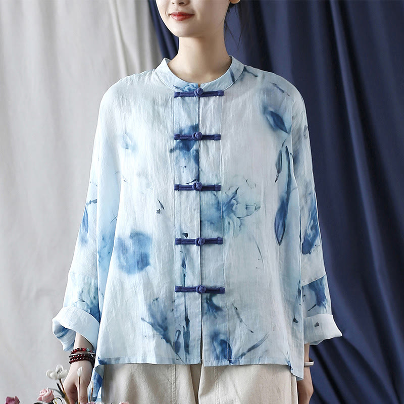 Nimara Ritual Tie Dye Blue Flowers Frog-Button Design Long Sleeve Ramie Linen Jacket Shirt
