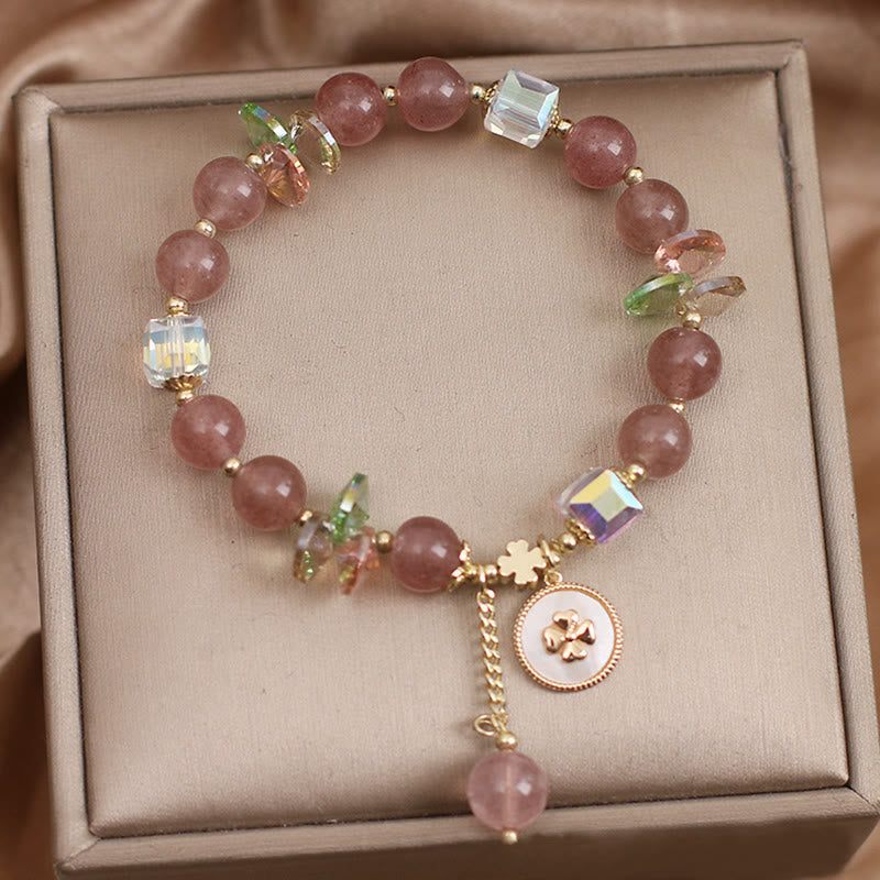 Nimara Ritual Strawberry Quartz Lucky Four Leaf Clover Healing Charm Bracelet