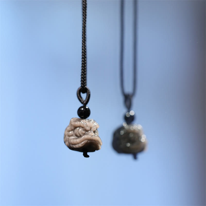 Nimara Ritual Natural Silver Sheen Obsidian Dancing Lion Protection Necklace Pendant