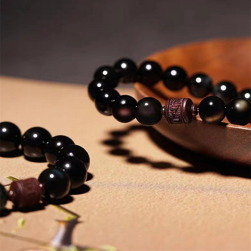 Nimara Ritual Natural Gold Sheen Obsidian Rainbow Obsidian Om Mani Padme Hum Fu Character Healing Bracelet