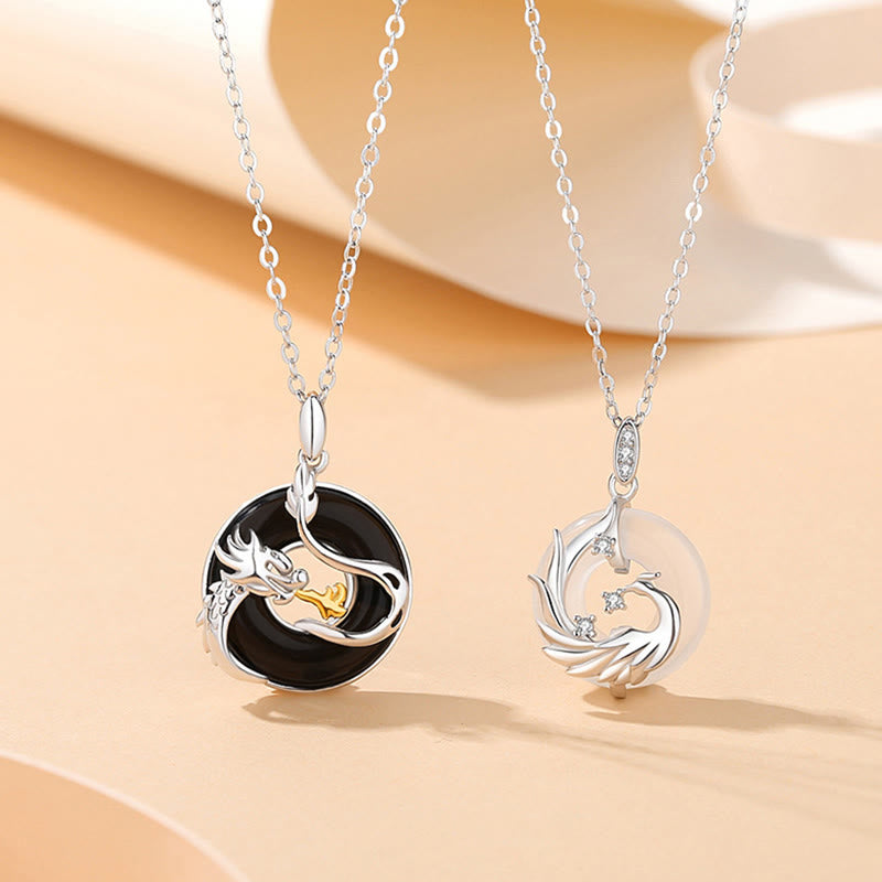 Nimara Ritual 925 Sterling Silver Year of the Dragon Natural Black Onyx Chalcedony Dragon Phoenix Peace Buckle Protection Necklace Pendant