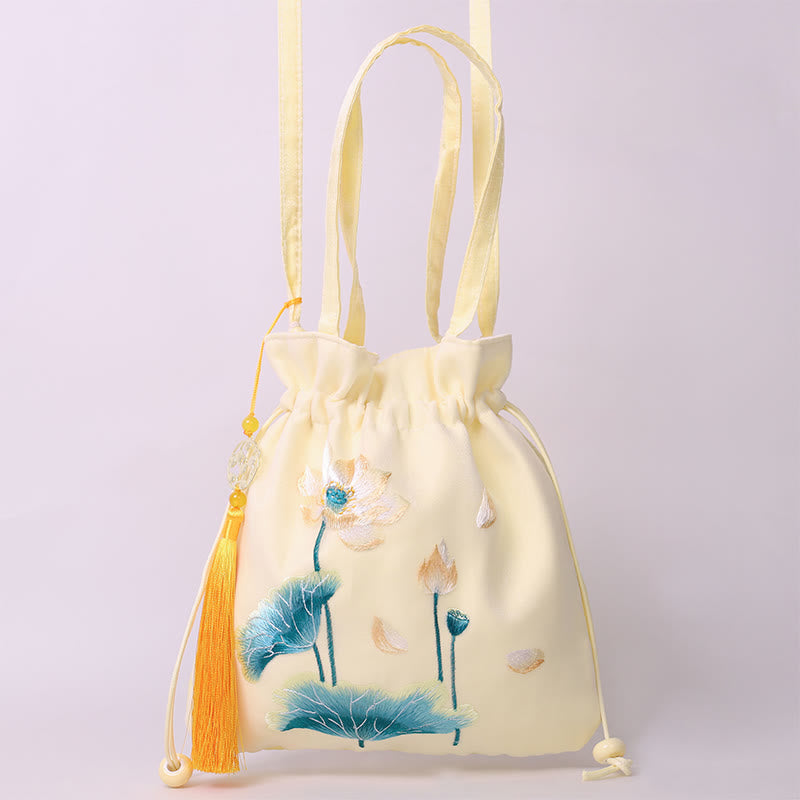 Nimara Ritual Lotus Peony Epiphyllum Phoenix Suzhou Embroidery Cotton Linen Tote Crossbody Bag Shoulder Bag Handbag