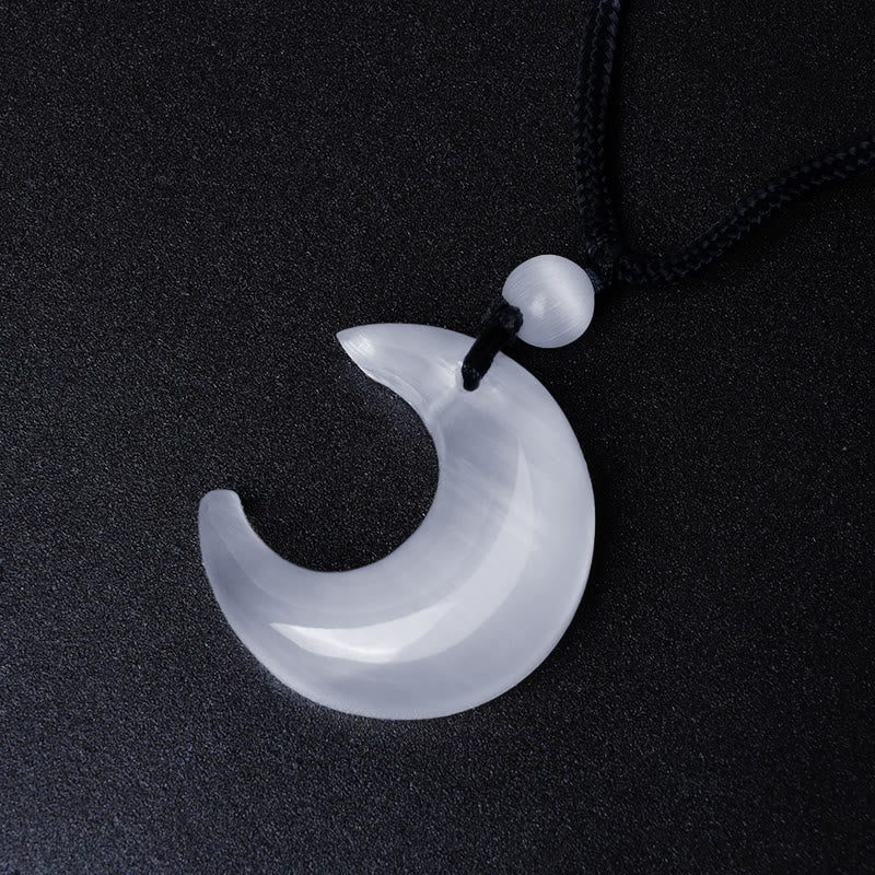 Nimara Ritual Natural Silver Sheen Obsidian Selenite Crystal Crescent Moon Yin Yang Couple Protection Necklace Pendant