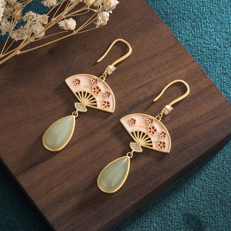 Nimara Ritual Natural Green Aventurine Fan Pattern Luck Drop Earrings