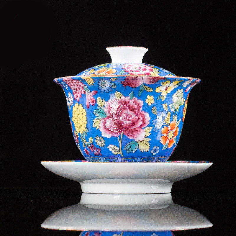 Nimara Ritual Peony Flowers Ceramic Gaiwan Sancai Teacup Kung Fu Tea Cup And Saucer With Lid