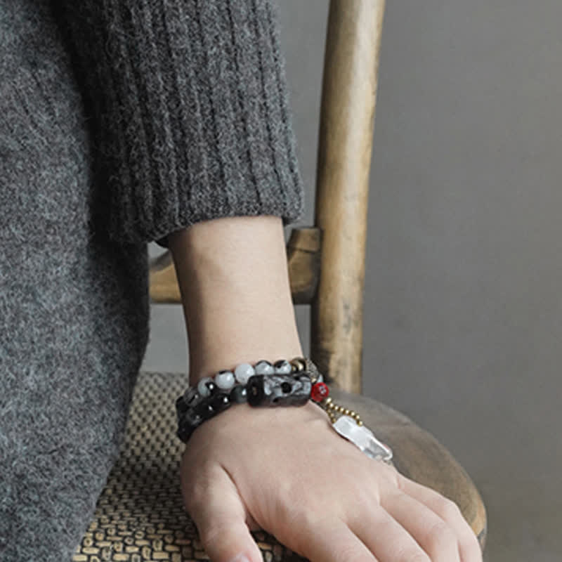 Nimara Ritual Black Rutilated Quartz Ebony Wood White Crystal Success Couple Bracelet