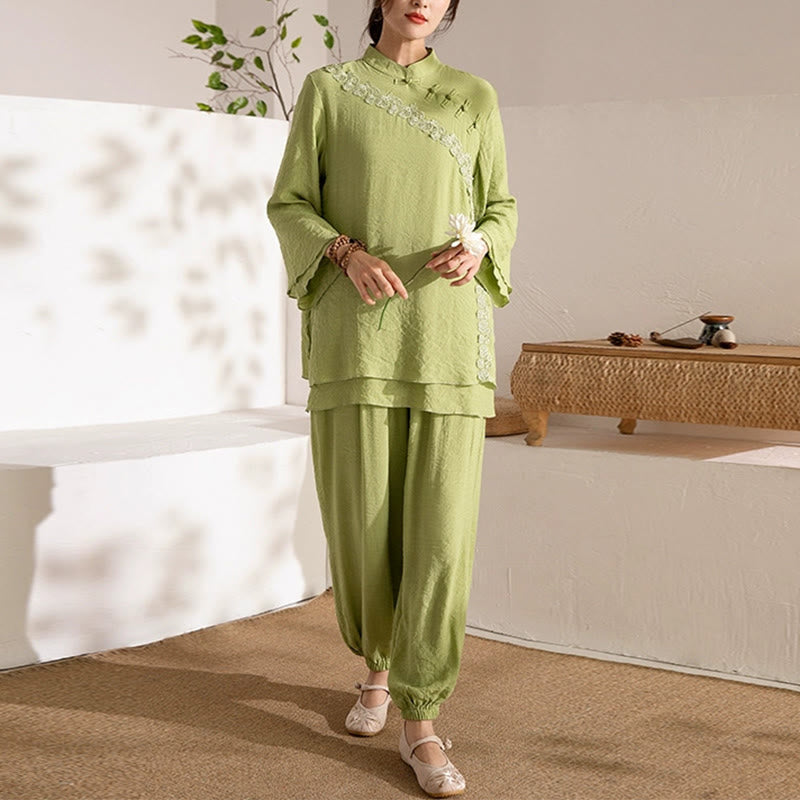 Nimara Ritual 2Pcs Long Sleeve Frog-Button Meditation Prayer Zen Practice Tai Chi Uniform Clothing Women's Set