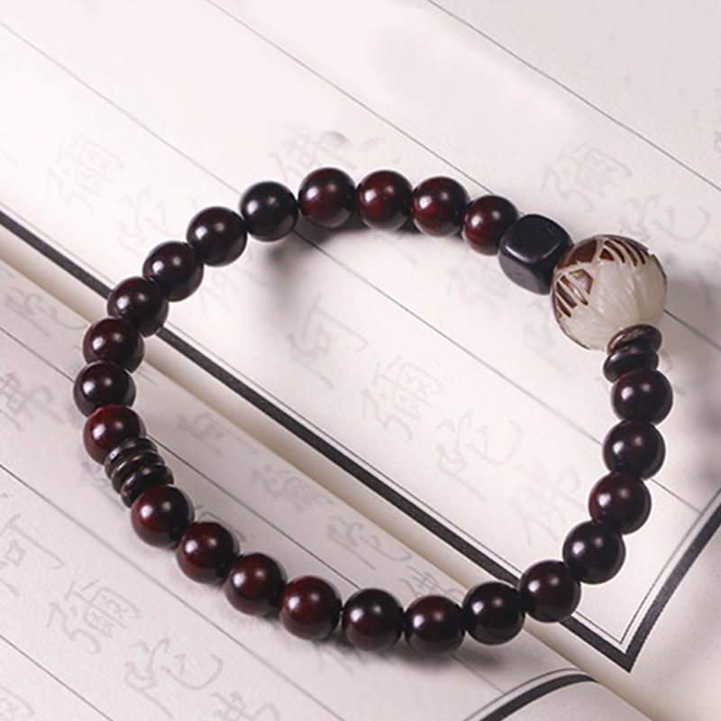 Nimara Ritual Small Leaf Red Sandalwood Lotus Bodhi Seed Carved Protection Double Wrap Bracelet