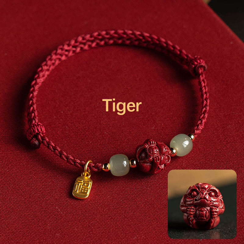 Nimara Ritual Natural Cinnabar Chinese Zodiac Hetian Jade Fu Character Luck Rope Bracelet