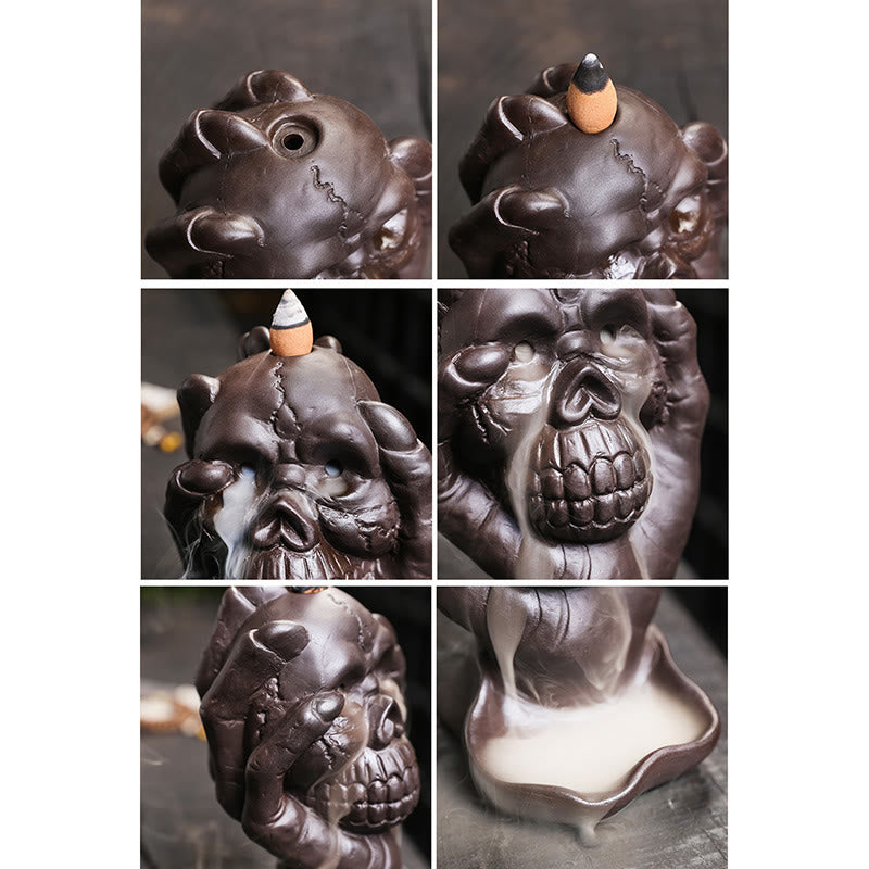Nimara Ritual Halloween Skull With Ghost Hand Purple Clay Spiritual Incense Burner Decoration