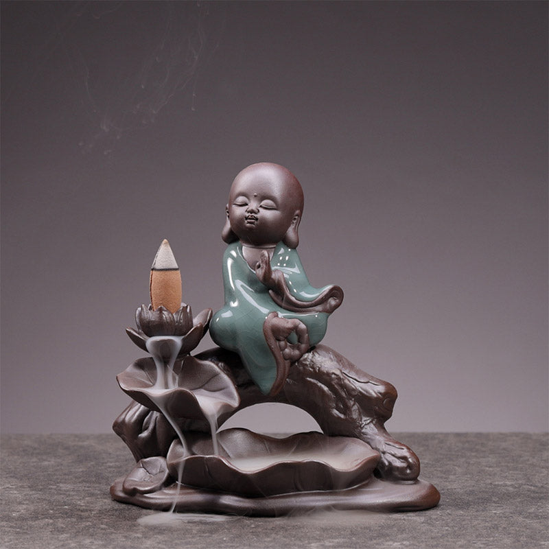 Nimara Ritual Little Monk Ceramic Lotus Blessing Incense Burner Decoration