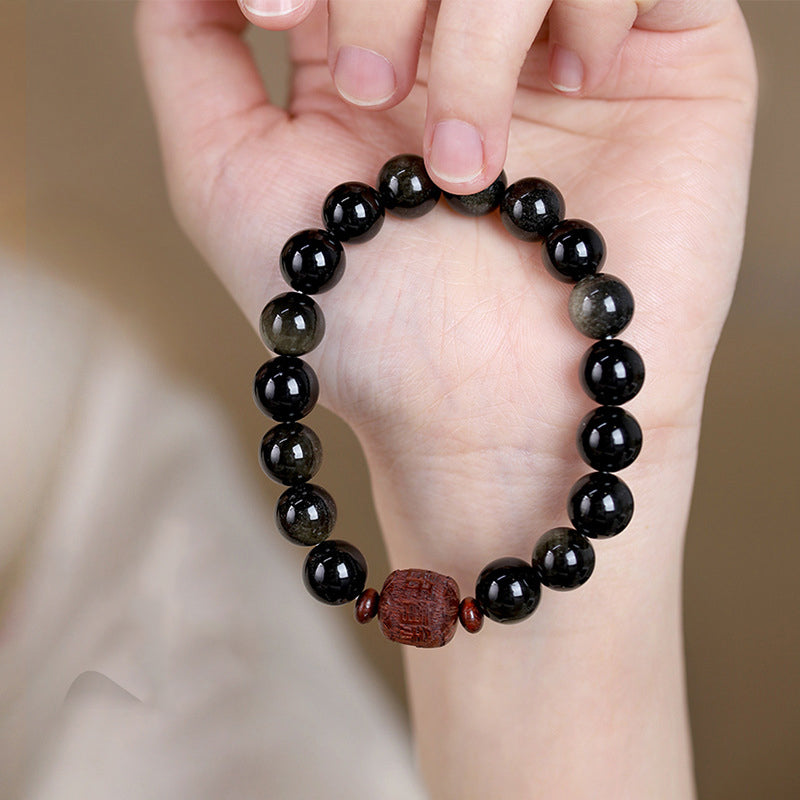 Nimara Ritual Natural Gold Sheen Obsidian Rainbow Obsidian Om Mani Padme Hum Fu Character Healing Bracelet