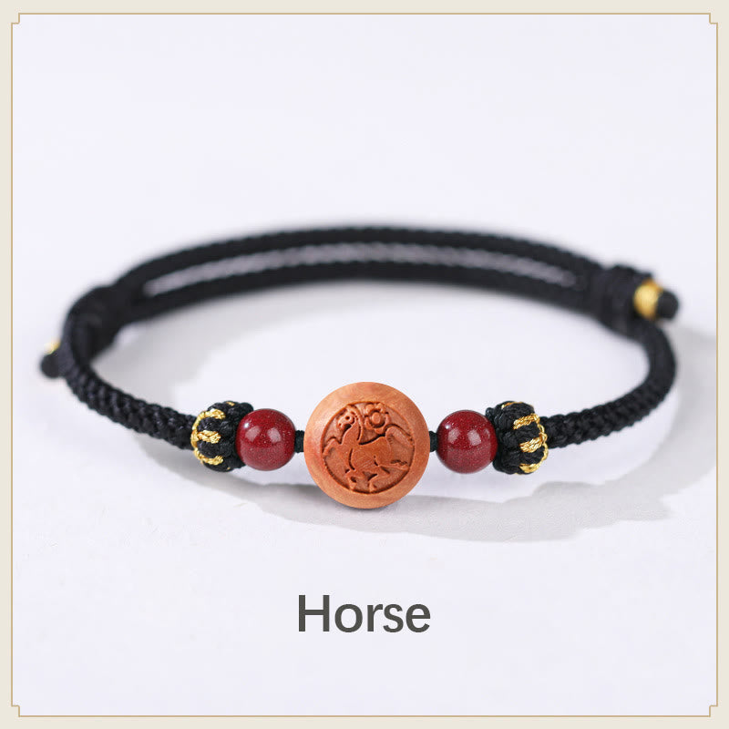 Nimara Ritual Natural Peach Wood Chinese Zodiac Fu Character Carved Cinnabar Wealth Bracelet