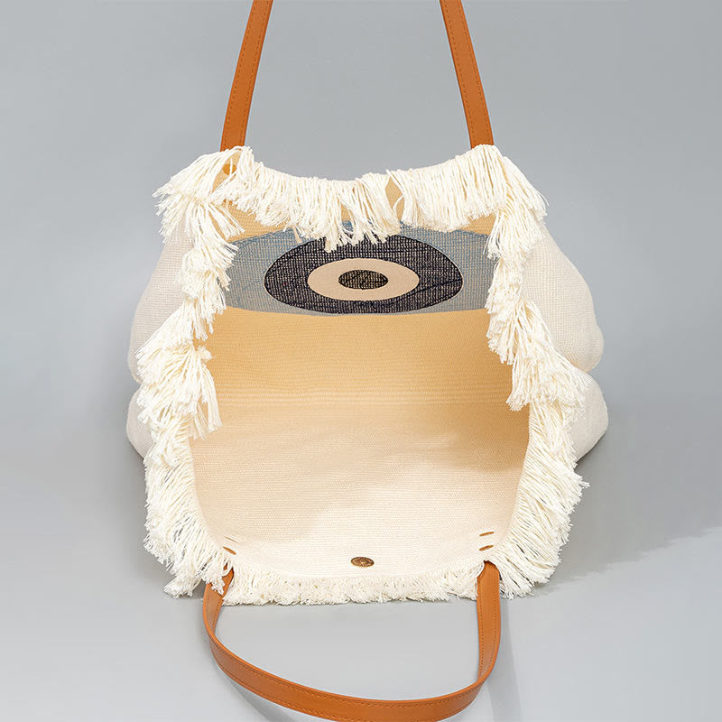 Nimara Ritual Large Capacity Evil Eye Leaf Hamsa Tassel Canvas Tote Shoulder Bag