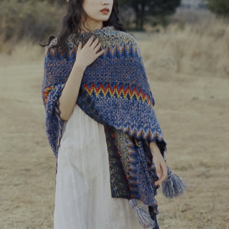 Nimara Ritual Tibetan Shawl Soft Warm Knitting Cloak Winter Tibetan Tassel Scarf