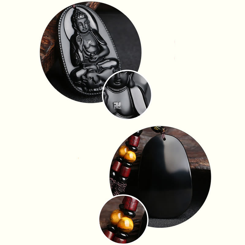 Nimara Ritual Chinese Zodiac Natal Buddha Natural Black Obsidian Purification Necklace Pendant