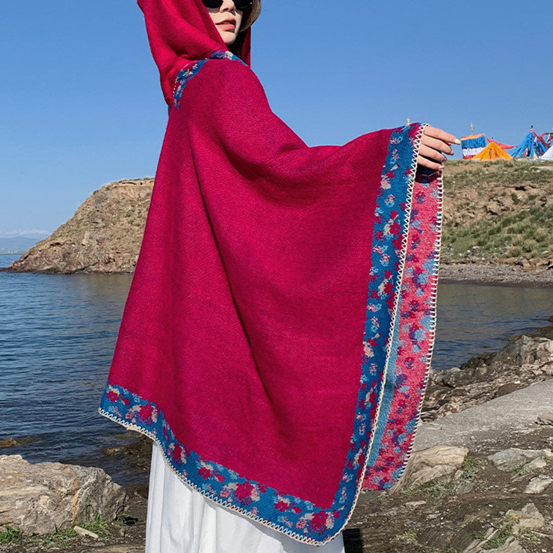 Nimara Ritual Tibetan Shawl Border Small Floral Flower Hooded Cloak Winter Cozy Travel Scarf Wrap