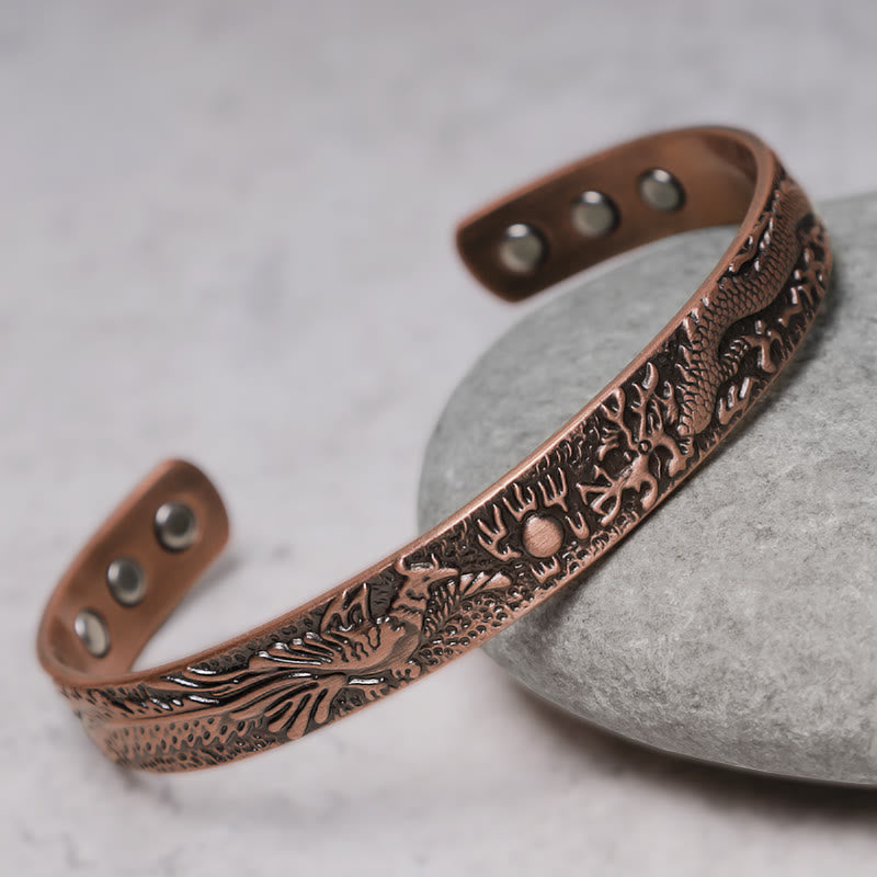 Nimara Ritual Dragon Phoenix Magnetic Solid Copper Cuff Bracelet Bangle