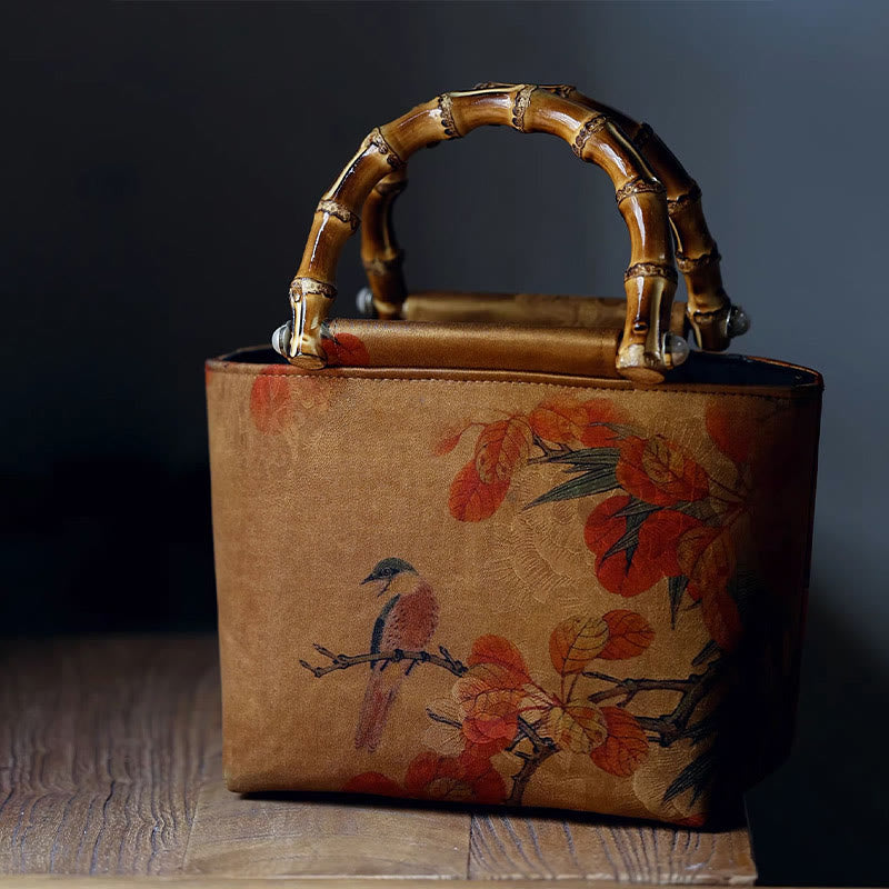 Nimara Ritual Yellow Bird Branches Green Peony Flower Bamboo Handles Handbag