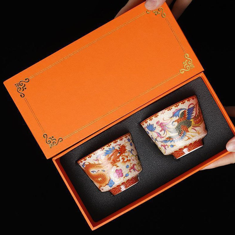 Nimara Ritual 2Pcs Dragon Phoenix Ceramic Teacup Kung Fu Tea Cups
