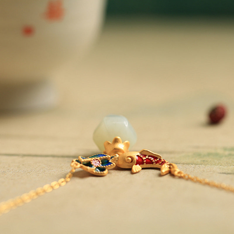 Nimara Ritual White Jade Koi Fish Lotus Copper Protection Necklace Pendant