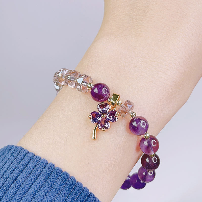 Nimara Ritual Amethyst Crystal Four Leaf Clover Healing Charm Bracelet