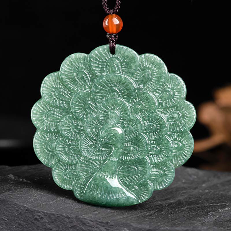 Nimara Ritual Natural Jade Peacock Luck Prosperity Necklace Pendant