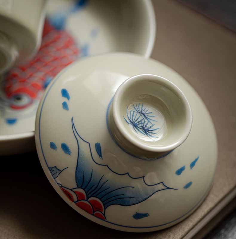 Nimara Ritual Koi Fish Arowana Ceramic Gaiwan Sancai Teacup Kung Fu Tea Cup With Lid 130ml