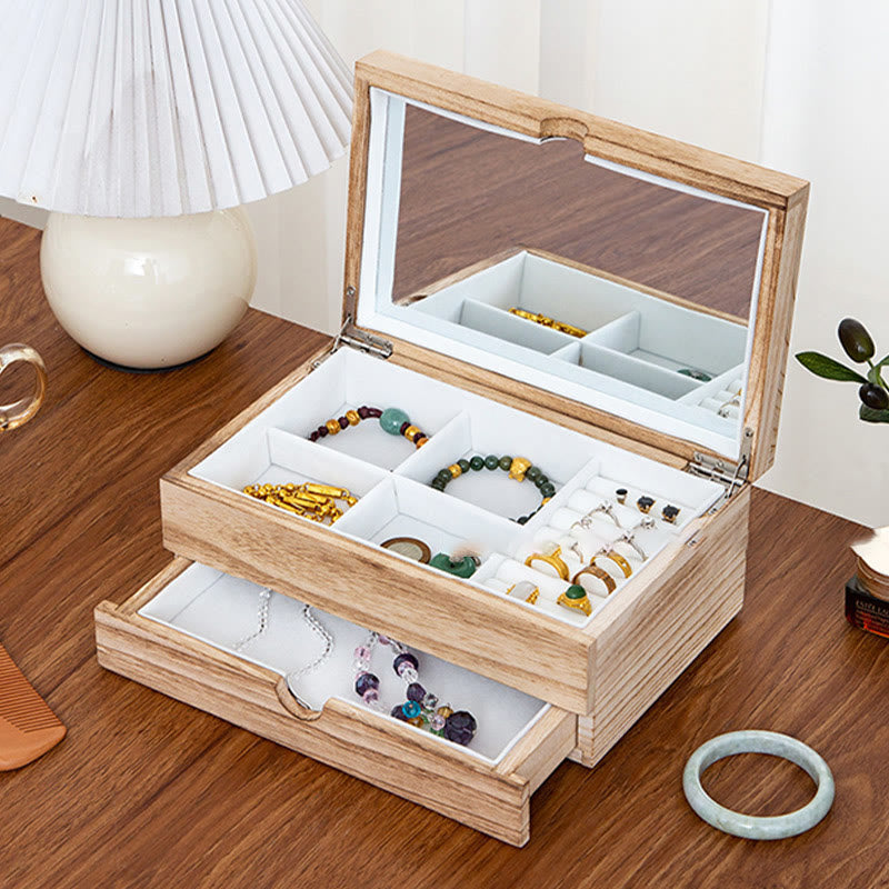 Nimara Ritual Retro Beige Wooden Jewelry Box Two-Layer Jewelry Storage Box With Mirror