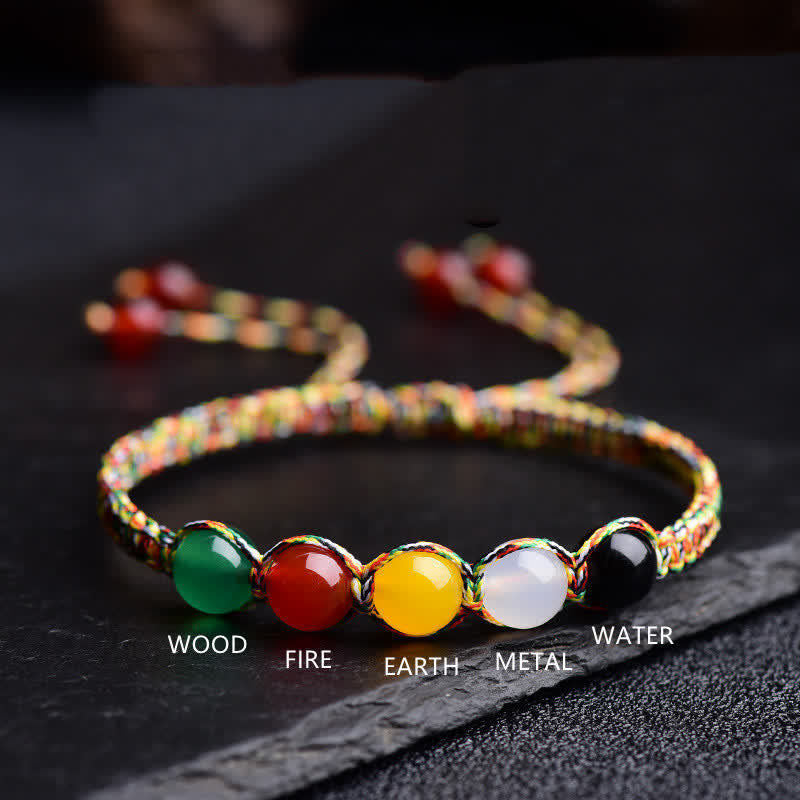 Nimara Ritual Colorful Agate Metal Wood Water Fire Earth Five Elements String Bracelet