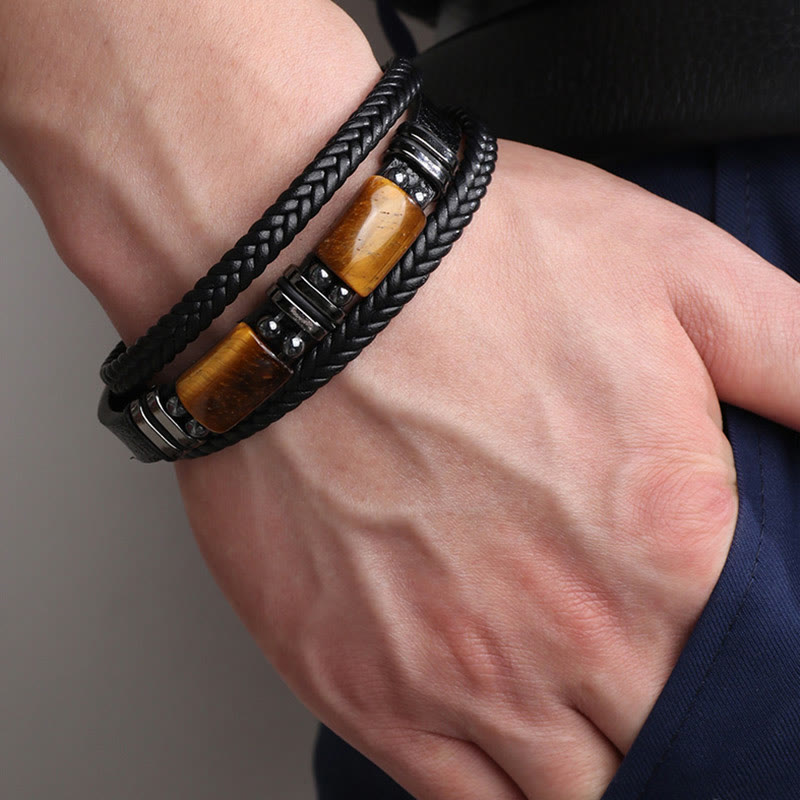 Nimara Ritual Tiger Eye Power Magnetic Buckle Multilayered Leather Bracelet
